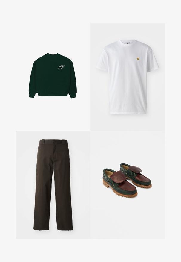 Suéter de manga larga verde oscuro con puños y dobladillo acanalados, que presenta un pequeño logo en cursiva de color claro 'P' en la parte superior izquierda del pecho.; Camiseta de algodón blanca con mangas cortas, cuello redondo, que presenta un pequeño logo dorado en la parte izquierda del pecho. Textura suave y corte regular.; Pantalones de algodón negros con un diseño de pierna recta, que cuentan con un cierre de botón y una cinturilla clásica. Textura suave, sin patrones ni acentos.; Zapatos de cuero con cuerpo verde oscuro, parte superior burdeos, puntera redonda, solapa asegurada y suela de caucho texturizada con crestas.