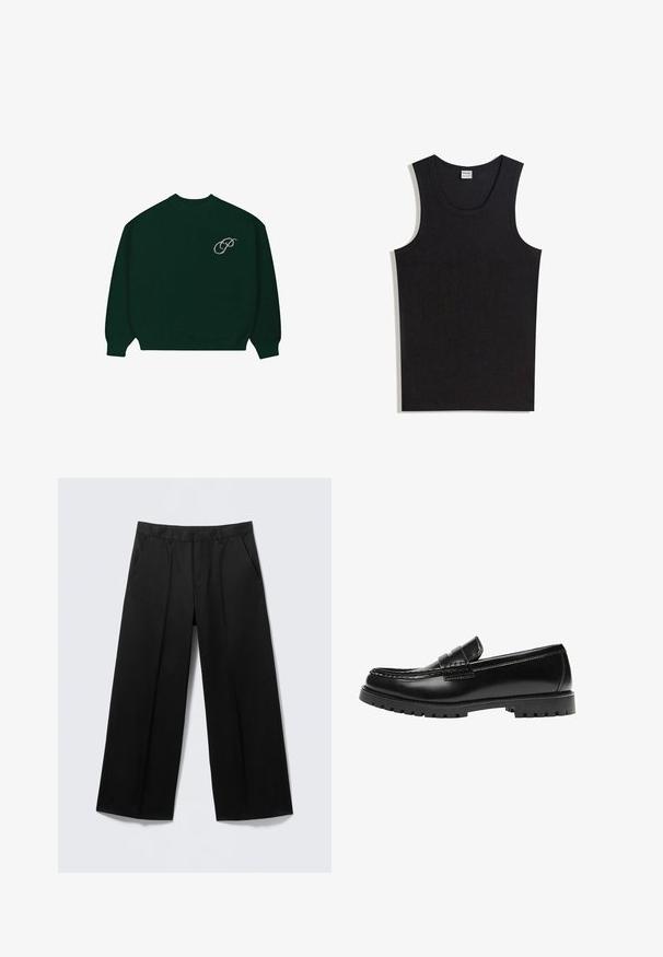 Mørkegrønt langærmet sweater med ribbede manchetter og kant, der har et lille lysfarvet kursiv "P" logo på den øverste venstre bryst.; Sort tanktop lavet af bomuld med rund halsudskæring og ærmeløs design. Glat tekstur uden synlige mønstre eller accenter.; Sorte vidde-bukser med bæltestropper, forlommer og lynlås foran, vist på en lysegrå baggrund.; Sort læderloafer med en kraftig gummisål og klassiske penny-strap detaljer, vist fra ydersiden.