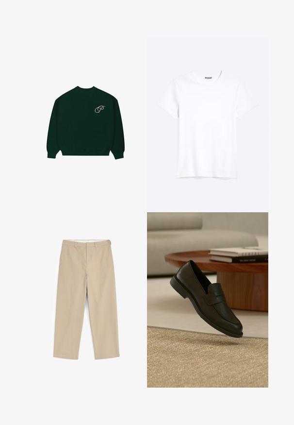Suéter de manga larga verde oscuro con puños y dobladillo acanalados, que presenta un pequeño logo en cursiva de color claro 'P' en la parte superior izquierda del pecho.; Camiseta blanca lisa de cuello redondo y manga corta con una etiqueta visible de la marca WEEKDAY en el cuello, mostrada sobre un fondo claro.; Pantalones beige de pierna recta con trabillas para el cinturón y cremallera frontal, mostrados sobre un fondo blanco.; Zapato mocasín de cuero negro mostrado en el aire sobre una alfombra beige tejida, con una mesa de madera y libros apilados en una sala de estar con luz suave.