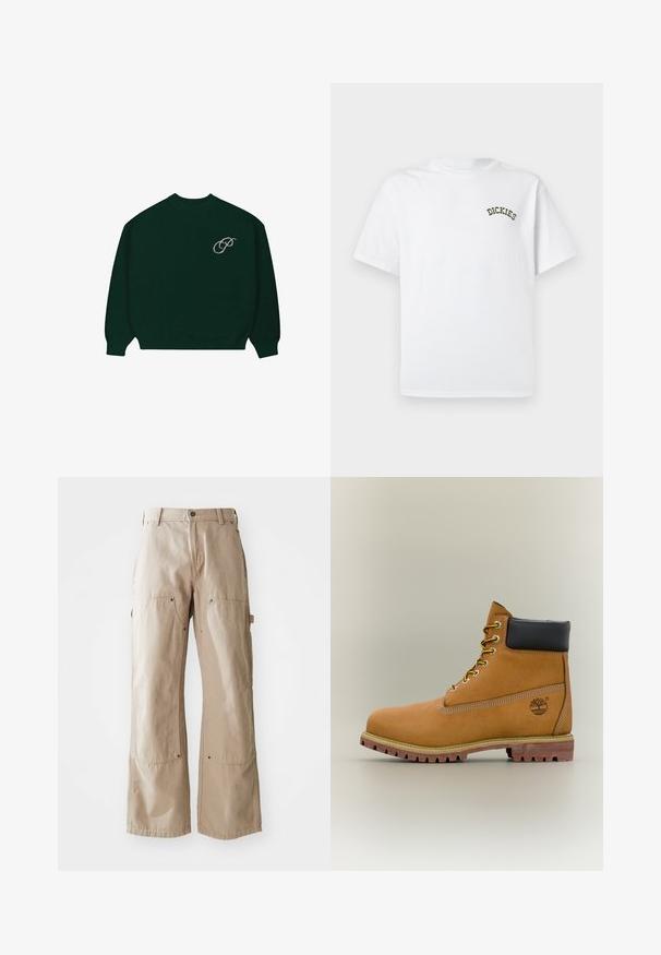 Suéter de manga larga verde oscuro con puños y dobladillo acanalados, que presenta un pequeño logo en cursiva de color claro 'P' en la parte superior izquierda del pecho.; Camiseta blanca de algodón con mangas cortas y cuello redondo. Presenta el logo "DICKIES" bordado en verde en el lado izquierdo del pecho.; Pantalones de pierna ancha beige, confeccionados en un resistente tejido de algodón. Cuenta con bolsillos delanteros y laterales, costuras visibles y acentos de metal en los bolsillos.; Bota de tobillo de cuero marrón con cuello negro, cordones amarillos y suela beige. Presenta un logotipo y detalles de costura blanca. Suela exterior con tracción robusta.