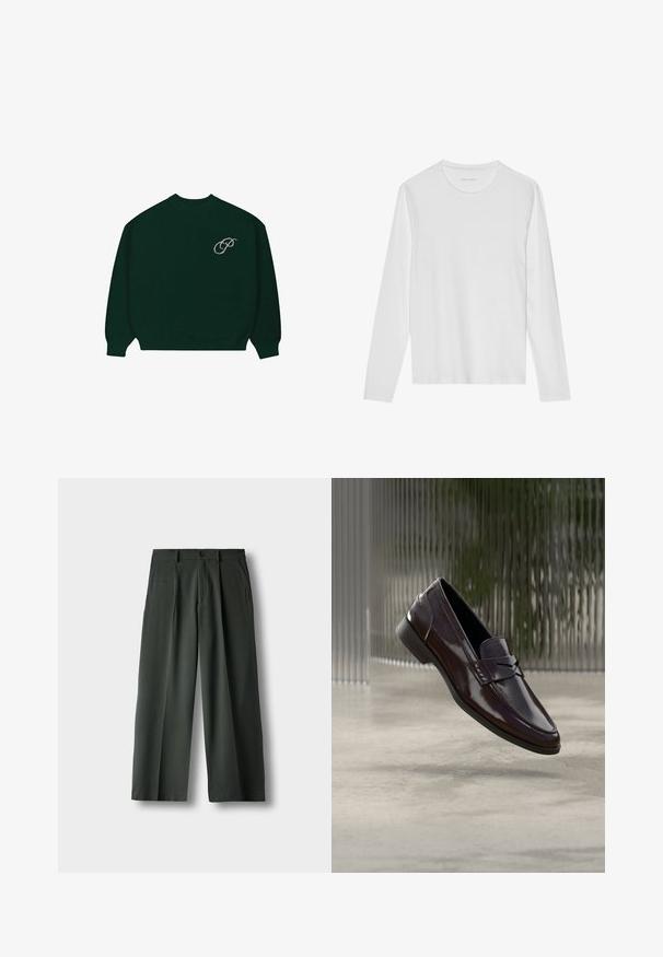 Suéter de manga larga verde oscuro con puños y dobladillo acanalados, que presenta un pequeño logo en cursiva de color claro 'P' en la parte superior izquierda del pecho.; Camiseta blanca de manga larga hecha de algodón suave, con cuello redondo y una textura lisa sin patrones ni detalles visibles.; Pantalones de pierna ancha en verde oscuro con pliegues frontales, bolsillos laterales, trabillas para cinturón y cierre de botón sobre un fondo blanco liso.; Mocasines de cuero marrón con acabado brillante, con una costura elevada y un pequeño detalle de recorte en la parte frontal, y una suela baja negra.