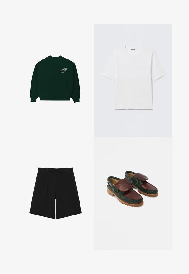Pull en maille à manches longues de couleur vert foncé avec des poignets et un ourlet côtelés, présentant un petit logo en cursive de couleur claire "P" sur le haut à gauche de la poitrine.; T-shirt blanc uni à manches courtes et col rond, avec une petite étiquette "WEEKDAY" à l'intérieur du col arrière, présenté à plat.; Short noir sur mesure avec passants de ceinture, plis devant et poches latérales, posé à plat sur un fond blanc.; Chaussures en cuir avec un corps vert foncé, un dessus bordeaux, un bout rond, un rabat sécurisé et une semelle en caoutchouc texturée avec des rainures.