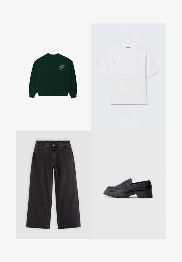 Suéter de manga larga verde oscuro con puños y dobladillo acanalados, que presenta un pequeño logo en cursiva de color claro 'P' en la parte superior izquierda del pecho.; Camiseta blanca lisa de manga corta con cuello redondo y una pequeña etiqueta "WEEKDAY" en el interior del cuello trasero, mostrada sobre una superficie plana.; Vaqueros negros de pierna ancha con bolsillos delanteros, trabillas para cinturón y cierre de botones, mostrados sobre un fondo liso y claro.; Mocasines de cuero negro con punta redondeada, que presentan una correa decorativa y una suela de goma gruesa con surcos profundos para mayor tracción.