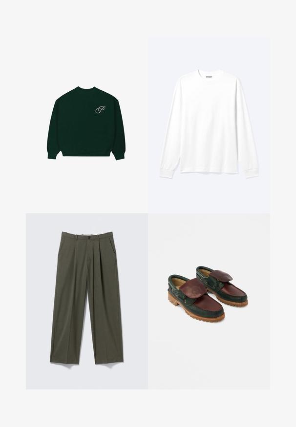 Suéter de manga larga verde oscuro con puños y dobladillo acanalados, que presenta un pequeño logo en cursiva de color claro 'P' en la parte superior izquierda del pecho.; Camisa blanca lisa de manga larga con cuello redondo y puños acanalados, mostrada sobre un fondo claro y neutro.; Pantalones de pierna recta en verde oliva con pliegues delanteros, bolsillos laterales, trabillas para cinturón y cierre con botón en la cintura.; Zapatos de cuero con cuerpo verde oscuro, parte superior burdeos, puntera redonda, solapa asegurada y suela de caucho texturizada con crestas.