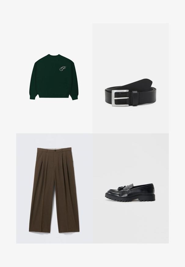 Suéter de manga larga verde oscuro con puños y dobladillo acanalados, que presenta un pequeño logo en cursiva de color claro 'P' en la parte superior izquierda del pecho.; Pantalones marrones a rayas con un diseño de pierna ancha, con pliegues delanteros, cierre con botón y textura suave.; Mocasines de cuero negro con un acabado brillante, suela de goma gruesa y detalle decorativo de borlas en la parte delantera.; Cinturón de cuero negro con una textura lisa, hebilla rectangular de plata y un lazo para el extremo. Presenta una costura ordenada a lo largo de los bordes.