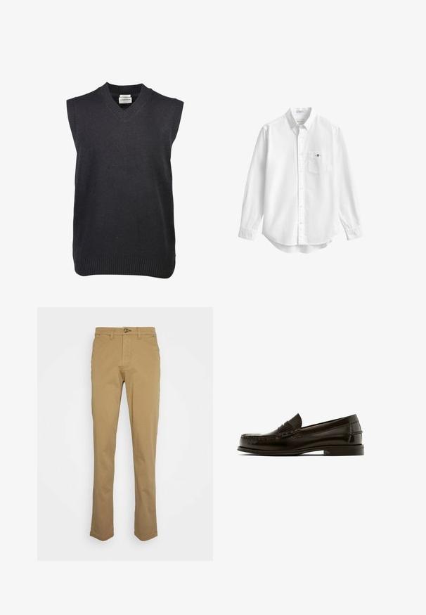 Lindbergh V-NECK SLIPOVER - Trui - black; Witte overhemd met lange mouwen, een kraag en borstzak met een klein geborduurd logo.; Khaki chinos met een slim fit, gemaakt van een katoenmix. Voorzien van een knoopsluiting en standaard vijf-pocketontwerp. Soepele textuur.; Bruine leren instappers met een ronde neus, decoratieve stiksels en een lage hak. Gladde textuur met minimale hardware en een klassiek ontwerp.