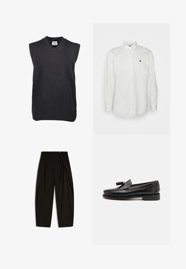 Lindbergh V-NECK SLIPOVER - Trui - black; Witte lange mouwen overhemd met knopen, gemaakt van katoen, met een klein zwart logo op de linkerkant van de borst en een klassieke kraag met knoopaccenten.; Zwarte, op maat gemaakte, hoog uitgesneden broek met subtiele verticale krijtstrepen en een voorste plooi, plat uitgestald op een witte achtergrond.; Zwarte leren instappers met moccasinstiksels, een ronde neus en een kwastaccent. Platte hak met een gladde textuur, ontworpen voor casual gebruik.