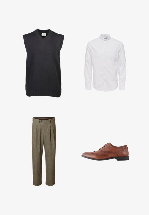 Lindbergh V-NECK SLIPOVER - Striktrøje - black; Hvid langærmet skjorte med knaplukning lavet af bomuld, med krave, forreste knapper og en enkelt brystlomme. Glat tekstur.; Brune bukser med ternet mønster, plisseret front, sidelommer, linning med bæltestropper og knaplukning.; Brun læder herre brogue-sko med dekorative perforeringer og sort sål, vist fra siden.