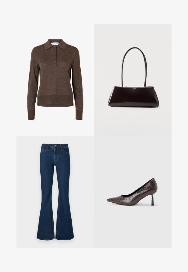 Brun dames poloshirt med lange ærmer, krave og fem knapper foran, lavet af fint strikket stof.; Mørkeblå denim jeans med vidde forneden, tætsiddende talje, knaplukning, fem lommer og kontrastfarvet syning langs sømmene.; Brune kunstlæder stiletter med spidse tæer og krokodilletekstur, der har en slank, vinklet hæl og en glat inderside.; Sort rektangulær lædertaske med lange tynde stropper og lille "ALDO" logo i midten foran.