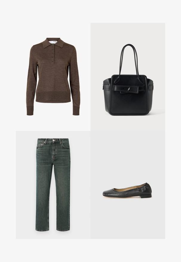 Polo marron à manches longues pour femme avec col et cinq boutons à l'avant, en tissu fin tricoté.; Jean en denim vert foncé à coupe droite, présentant un design classique à cinq poches, des coutures visibles et une fermeture à bouton à la taille.; Ballerines en cuir noir avec un bout arrondi et des coutures minimales. Talon bas et rectangulaire avec une texture lisse. Détails subtils de doublure intérieure.; Sac à main en cuir noir avec longues anses doubles, forme carrée et une ceinture décorative sur le panneau avant.