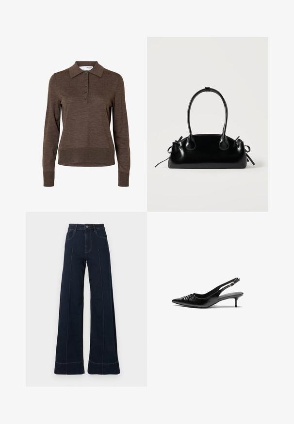 Brun dames poloshirt med lange ærmer, krave og fem knapper foran, lavet af fint strikket stof.; Mørkeblå, vide jeans med høj talje, der har forlommer og synlige sømme. Lavet af denimstof med en glat tekstur.; Sorte læder slingback-pumps med spids tå, lav kitten-hæl og rynket detalje på overdelen. Glat tekstur og minimalistisk design.; Lille sort blank håndtaske med to lange håndtag og snøre-detaljer i siden på en ensfarvet lys baggrund.