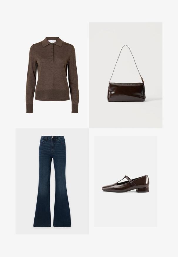 Polo marron à manches longues pour femme avec col et cinq boutons à l'avant, en tissu fin tricoté.; Jean en denim bleu foncé taille haute avec coupe évasée, fermeture devant par bouton et zip, poches devant et derrière.; Chaussures Mary Jane en cuir verni marron avec un bout arrondi, un design ajouré et une bride réglable. Talon bas bloc.; Sac à bandoulière rectangulaire en cuir marron foncé avec une seule sangle fine et une boucle dorée sur un fond uni.