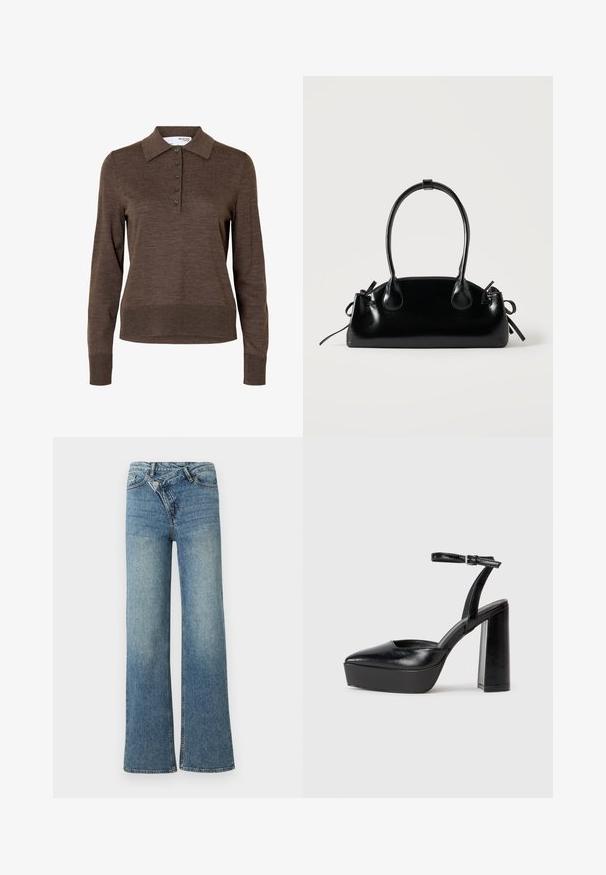 Brun dames poloshirt med lange ærmer, krave og fem knapper foran, lavet af fint strikket stof.; Lyseblå denim jeans med vide ben og høj talje, let falmet effekt og knaplukning foran. Har fem lommer og minimal syning.; Sorte platformhæle med spidse tæer og justerbar ankelrem. Construeret i glat læder, med en kraftig blokhæl.; Lille sort blank håndtaske med to lange håndtag og snøre-detaljer i siden på en ensfarvet lys baggrund.