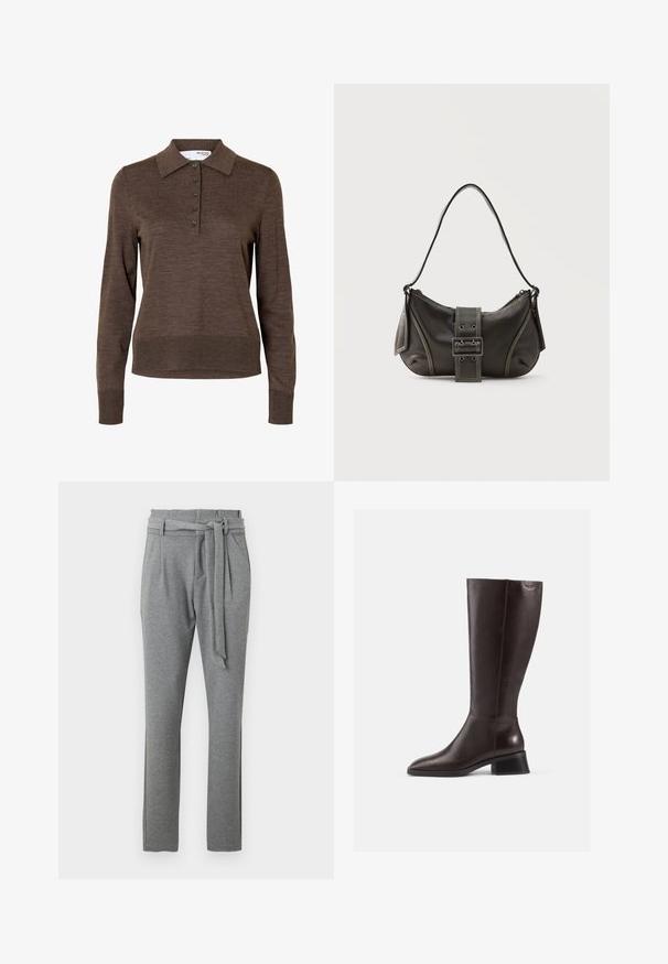 Brun dames poloshirt med lange ærmer, krave og fem knapper foran, lavet af fint strikket stof.; Grå bukser med en glat tekstur, der har en høj talje med bælte, sidelommer og en lige ben design.; Brune læderstøvler til knæene med en glat overflade, rund tå og en stablet sort hæl. Simpelt design med minimale hardwaredetaljer.; Sort læder skuldertaske med spænde på remmen, afrundede kanter og kontrasterende hvide syninger på en ensfarvet baggrund.