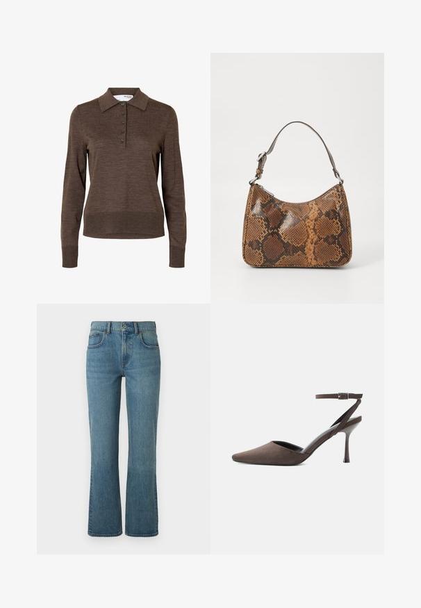 Polo marron à manches longues pour femme avec col et cinq boutons à l'avant, en tissu fin tricoté.; Jeans évasés bleu clair en denim, dotés de cinq poches, d'une fermeture à bouton à l'avant et d'un léger dégradé pour la texture.; Chaussure à talon haut en daim marron à bout pointu, avec une fine bride de cheville et une boucle argentée sur fond blanc.; Petit sac à main avec un motif en peau de serpent marron et noir, courroie courte et ajustable, et fermeture éclair.