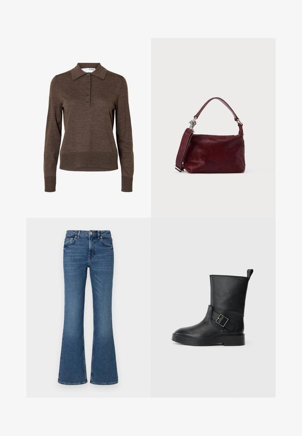 Brun dames poloshirt med lange ærmer, krave og fem knapper foran, lavet af fint strikket stof.; Flarede blå jeans lavet af denim, med mellemhøj talje, frontlommer og en falmet finish, samt synlige sømme langs sømmene.; Sort læder ankelstøvle med rund tå, flad sål og en sølv spænde accent på siden. Har en løkke bagpå til nem påtagning.; Lille rektangulær burgunderfarvet håndtaske med tekstureret finish, kort hank og aftagelig skulderrem på en ensartet lys baggrund.