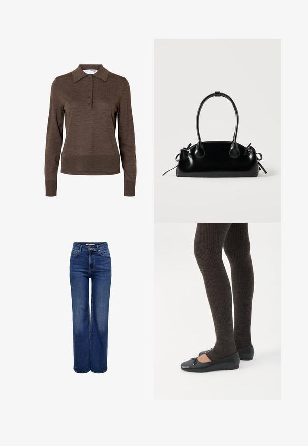 Brun dames poloshirt med lange ærmer, krave og fem knapper foran, lavet af fint strikket stof.; Jeans med høj talje og vide ben i mørkeblå denim, med knaplukning, fem lommer og kontrastsyninger.; Ben iført mørke ribbede leggings kombineret med sorte balletsko med små sløjfedetaljer på hvid baggrund.; Lille sort blank håndtaske med to lange håndtag og snøre-detaljer i siden på en ensfarvet lys baggrund.