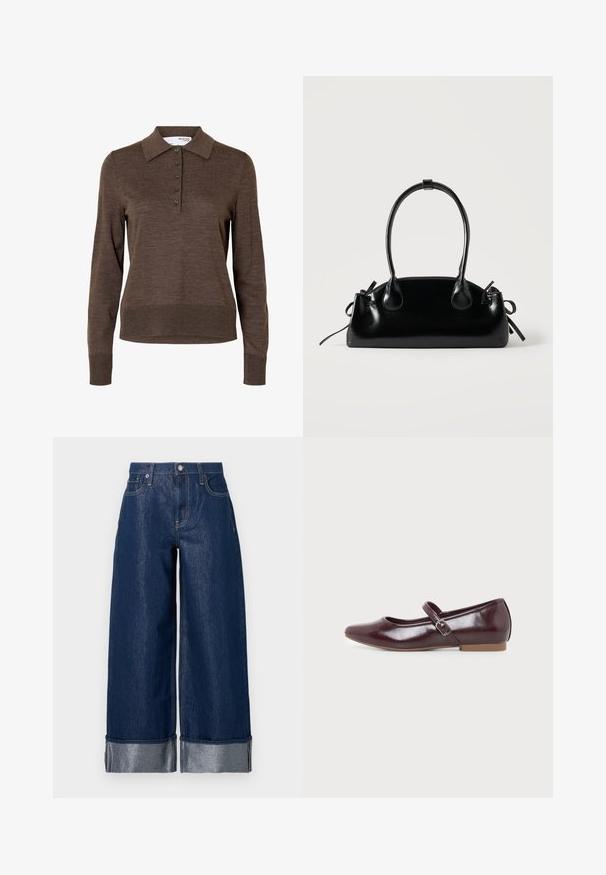 Brun dames poloshirt med lange ærmer, krave og fem knapper foran, lavet af fint strikket stof.; Vidbenede mørkeblå denimjeans med høj talje, fem-lomme design og opsmøgede kanter, der viser et lysere indre stof.; Bordeaux Mary Jane flad sko med rundet tå, skinnende finish, justerbar side-rem med sølvspænde og lav lysebrun sål.; Lille sort blank håndtaske med to lange håndtag og snøre-detaljer i siden på en ensfarvet lys baggrund.