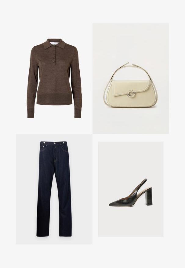 Brun dames poloshirt med lange ærmer, krave og fem knapper foran, lavet af fint strikket stof.; Mørkeblå jeans med lige ben, forlommer, knaplukning og synlige kontrastsømme på en ensfarvet lys baggrund.; Sort dameslingback pumpe i læder med spids tå og tyk høj blokhæl på hvid baggrund.; Cremefarvet læderhåndtaske med buet klap, cirkulært sølvspænde og kort topstrop på en ens hvid baggrund.