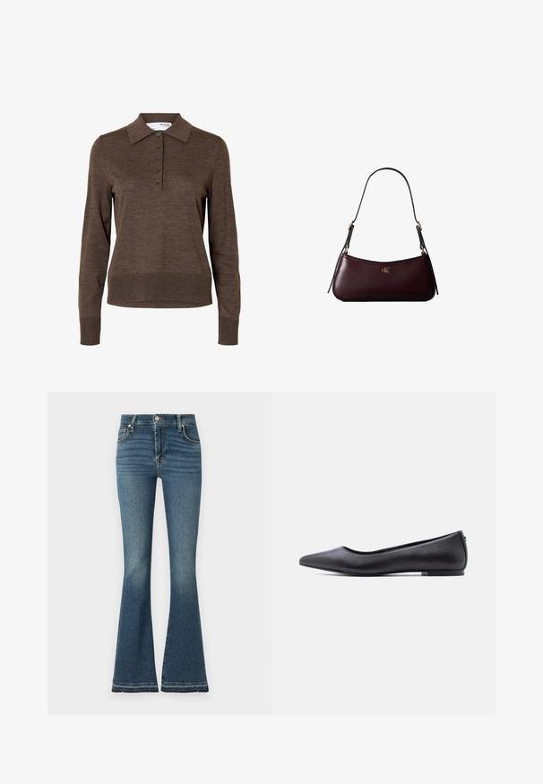 Brun dames poloshirt med lange ærmer, krave og fem knapper foran, lavet af fint strikket stof.; Bredde jeans i mellemblå denim med høj talje, diskret slid, fem-lommemodel og synlige syninger.; Sort flad lædersko med spidst tåparti og lav hæl, vist i sideprofil mod en hvid baggrund.; Mørk bordeaux læderhåndtaske med en tynd sort skulderrem og lille gyldent "cK" logo foran i midten.