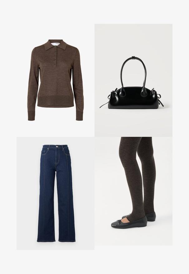 Polo marron à manches longues pour femme avec col et cinq boutons à l'avant, en tissu fin tricoté.; Jean large en denim bleu foncé avec des coutures visibles, taille haute et cinq poches. Présente une fermeture à bouton et à glissière à l'avant.; Jambes portant des leggings côtelés foncés associés à des ballerines noires avec de petits détails en nœud sur fond blanc.; Petit sac à main noir brillant avec deux longues anses et des détails à cordon sur les côtés sur un fond clair uni.