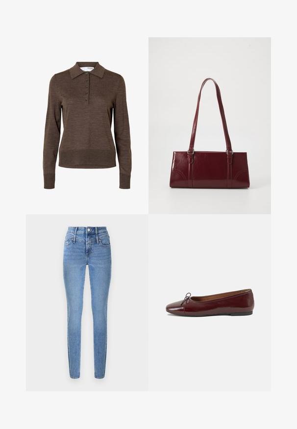 Brun dames poloshirt med lange ærmer, krave og fem knapper foran, lavet af fint strikket stof.; Smaltsiddende jeans i lyseblåt denim med høj talje, to forlommer og lynlåslukning. Har en glat tekstur og subtil falmning.; Bordeaux patentlæder balletflad med rund tå, lille sløjfeaccent foran og en lav, sort gummisål. Glat tekstur.; Bordeaux håndtaske lavet af glansfuldt materiale, rektangulær form, med to skulderremme og subtile buede detaljer på forsiden.