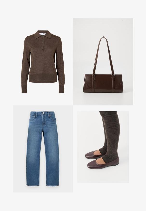 Polo marron à manches longues pour femme avec col et cinq boutons à l'avant, en tissu fin tricoté.; Jean denim bleu à jambes droites avec fermeture par bouton et zip, poches à l'avant et à l'arrière, présenté sur un fond clair uni.; Ballerines en cuir verni bourgogne à bout carré, accompagnées de chaussettes en tricot côtelé marron foncé atteignant le molet.; Sac à main en cuir verni marron de forme rectangulaire, avec deux longues poignées et des accents courbés subtils à l'avant.