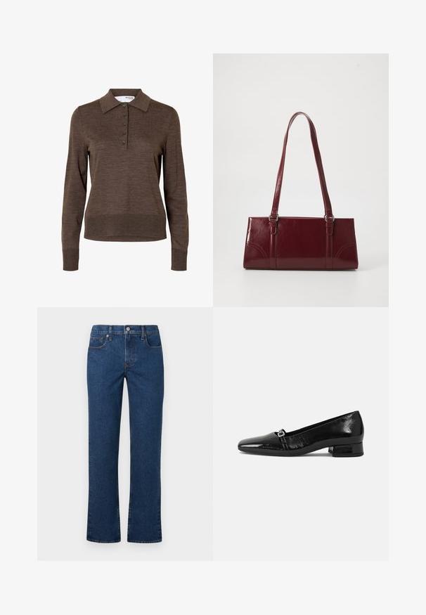 Polo marron à manches longues pour femme avec col et cinq boutons à l'avant, en tissu fin tricoté.; Jean droit bleu foncé avec fermeture à bouton et zip, poches avant et poche à monnaie, ainsi que passants de ceinture, présentés à plat sur un fond blanc.; Ballet flats en cuir verni noir avec un bout pointu, un petit talon carré et un détail de boucle métallique sur la sangle. Texture lisse.; Sac à main bordeaux en matériau brillant, de forme rectangulaire, avec deux anses et des accents légèrement courbés à l'avant.