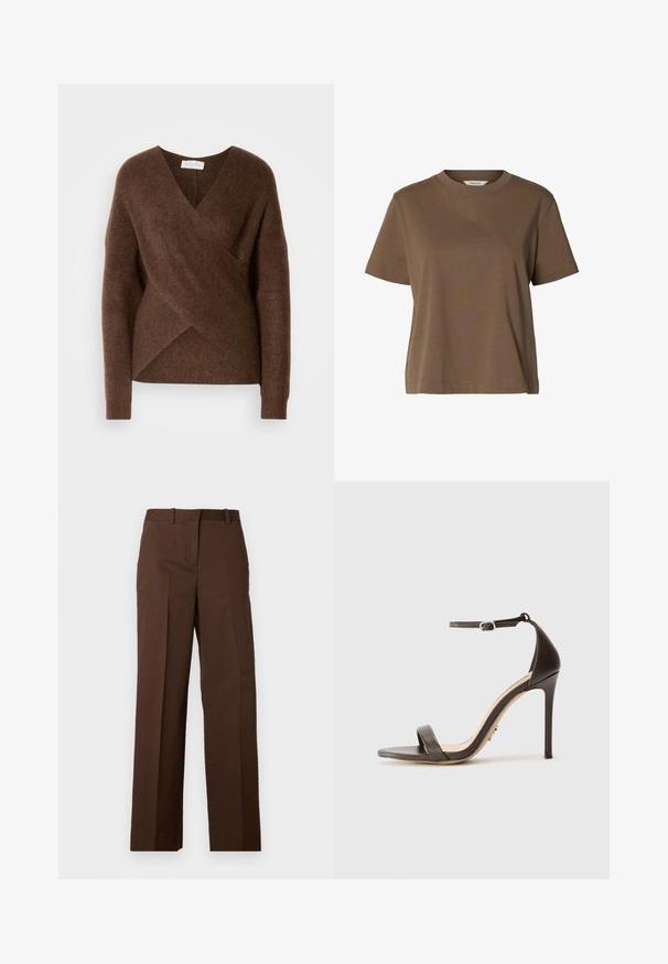 Sweater en tricot brun à enrouler avec un design en V, des manches longues et une texture douillette. Présente un ourlet asymétrique et aucun système de fermeture visible.; T-shirt marron à manches courtes et col rond, en tissu uni, coupe décontractée avec peu de coutures.; Pantalon marron en tissu mélange de coton. Coupe droite avec une texture lisse et sans motifs ni ornements visibles.; Sandale à talons hauts marron avec une fine bride de cheville et une bande de orteil plate. Texture en cuir lisse avec un bout pointu et un design à talon aiguille.