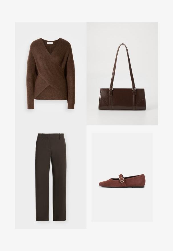 Sweater en tricot brun à enrouler avec un design en V, des manches longues et une texture douillette. Présente un ourlet asymétrique et aucun système de fermeture visible.; Pantalon droit marron foncé avec passants pour ceinture et poches avant, présenté à plat sur un fond clair.; Chaussure plate Mary Jane en suède marron avec une bride à boucle dorée et une semelle noire sur fond blanc.; Sac à main en cuir verni marron de forme rectangulaire, avec deux longues poignées et des accents courbés subtils à l'avant.