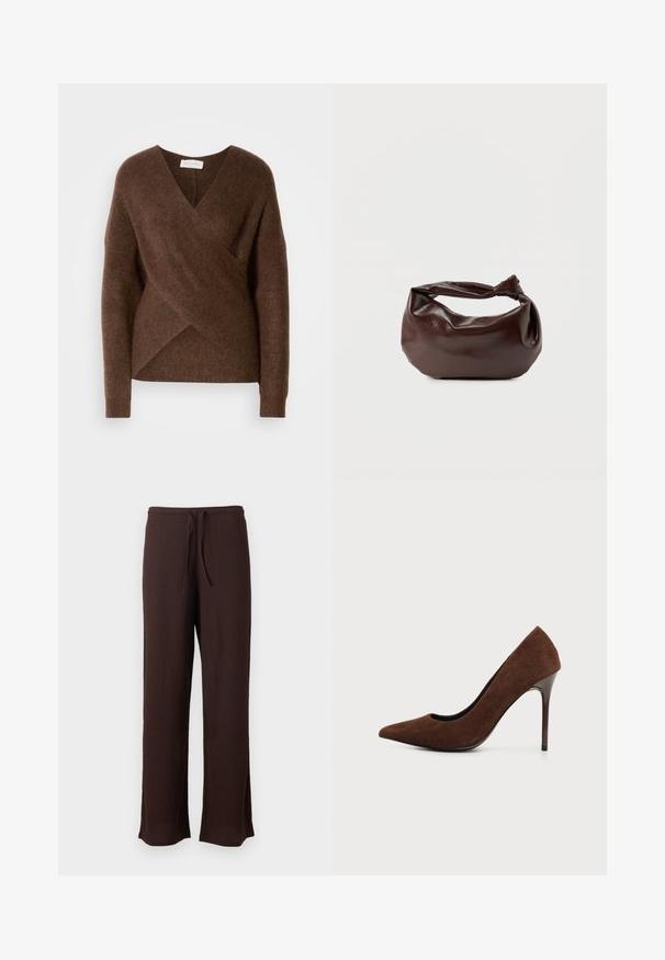 Sweater en tricot brun à enrouler avec un design en V, des manches longues et une texture douillette. Présente un ourlet asymétrique et aucun système de fermeture visible.; Pantalon large texturé marron foncé avec ceinture élastique et cordon, présenté sur un fond clair uni.; Escarpin en daim marron à talon haut et bout pointu avec un talon aiguille étroit et élégant sur un fond clair uni.; Sac bandoulière en cuir marron foncé avec une forme souple et décontractée et une anse nouée torsadée sur un fond blanc uni.