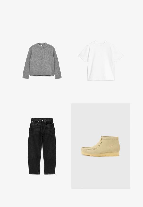 Pull en tricot gris avec un col rond, des manches longues, des poignets et un ourlet côtelés, et une texture douce.; T-shirt en coton blanc à col rond, à manches courtes et coupe décontractée, avec un design uni sans motifs ni accents.; Jean en denim noir avec une coupe droite, cinq poches et quincaillerie argentée. Le tissu présente une texture subtile et une finition soignée.; Mocassin beige en daim montant à la cheville avec semelle en crêpe et devant à lacets, sur un fond gris clair uni.