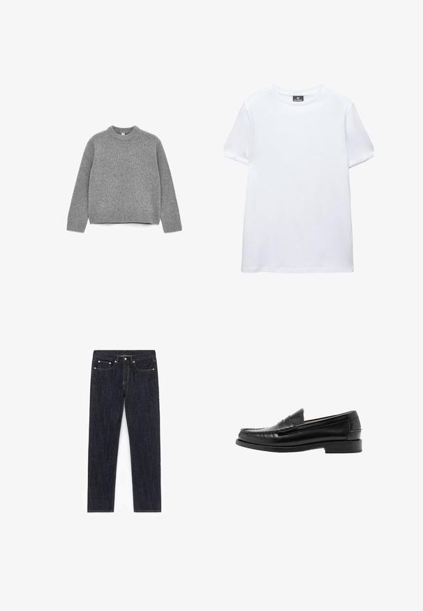 Pull en tricot gris avec un col rond, des manches longues, des poignets et un ourlet côtelés, et une texture douce.; T-shirt blanc uni à manches courtes, col rond, avec une étiquette noire Pull&Bear à l'intérieur du col, présenté sur fond blanc.; Jean en denim foncé avec une coupe droite, cinq poches, quincaillerie en cuivre et coutures contrastées. Aucun effet vieilli ni embellissements visibles.; Mocassin penny en cuir noir avec bout mocassin cousu, talon bas et finition lisse et polie, présenté de profil sur fond blanc.