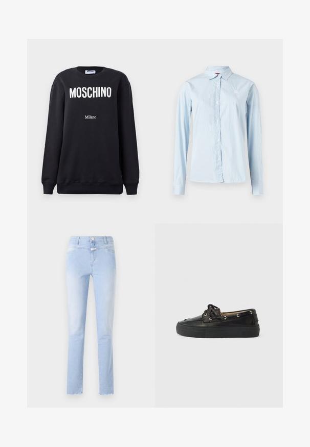 Sweatshirt noir avec un col rond arborant le texte « MOSCHINO » en blanc et « Milano » imprimé en dessous dans une police plus petite. Matière en coton douce.; Chemise bleu clair à manches longues avec rayures blanches verticales, boutonnée à l'avant, col pointu et petit logo sur la poitrine.; Jean en denim bleu clair à coupe droite, avec un délavage usé, design à cinq poches, légère effiloche au niveau de l'ourlet et fermeture à bouton à l'avant.; Chaussure bateau en cuir noir avec bout rond, semelle plate en caoutchouc et œillets métalliques. Dispose de lacets sur le dessus pour un maintien sécurisé.