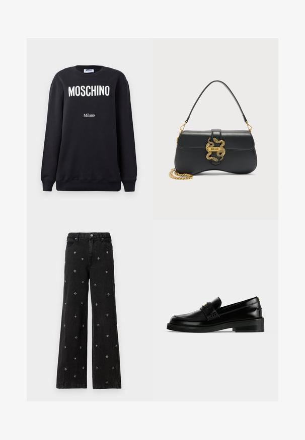 Schwarzer Sweatshirt mit Rundhalsausschnitt, auf dem der weiße Schriftzug "MOSCHINO" und darunter in kleinerer Schrift "Milano" gedruckt sind. Weiches Baumwollmaterial.; Schwarze weit geschnittene Jeans aus Denim, verziert mit filigranen silbernen Perlen und Stickereien in floralen und geometrischen Mustern.; Schwarzer, polierter Lederloafer mit niedrigem Blockabsatz, Mokassinnaht und dekorativem Riemen über dem Spann.; Schwarze Lederhandtasche mit Obergriff, goldener Kettenriemen und goldenem, schlangenförmigem Verschluss mit der Gravur "just cavalli" auf der Vorderklappe.