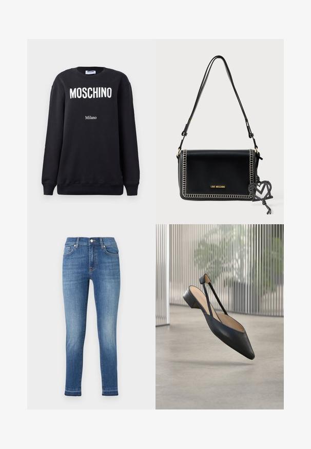 Zwarte sweatshirt met een ronde hals voorzien van witte "MOSCHINO" tekst en "Milano" eronder gedrukt in kleinere letters. Zachte katoenkwaliteit.; Blauwe slim-fit spijkerbroek met lichte vervaging op de voorkant van de dijen, vijfzakkenontwerp en knoopsluiting in de tailleband.; Zwart leren slingback platte schoen met puntige neus en lage blokhak zwevend boven een betonnen vloer binnenshuis.; Zwarte leren handtas met een rechthoekige vorm, witte stiksels en een gouden logo. Heeft een afneembare bedel in de vorm van een "M".