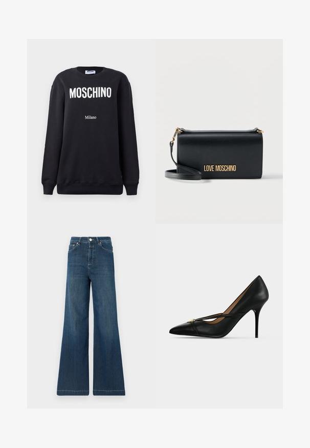 Zwarte sweatshirt met een ronde hals voorzien van witte "MOSCHINO" tekst en "Milano" eronder gedrukt in kleinere letters. Zachte katoenkwaliteit.; Wijde jeans in donkerblauw denim, met een hoge taille, koperen hardware en subtiele vervaging. Schone zoom zonder extra patronen.; Zwarte leren pumps met hoge hak en een spits toelopende neus, met een smalle band bovenop die vastzit met een kleine gouden gesp op een effen achtergrond.; Zwarte leren rechthoekige clutch met gouden "LOVE MOSCHINO" logo en afneembare polsband op witte achtergrond.