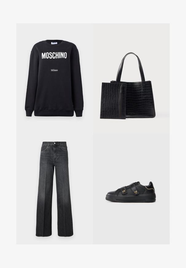Zwarte sweatshirt met een ronde hals voorzien van witte "MOSCHINO" tekst en "Milano" eronder gedrukt in kleinere letters. Zachte katoenkwaliteit.; Wijdvallende jeans van donkergrijs denim, met een hoge taille, riemlussen en een klassiek vijf-pocketdesign. Subtiele vervaging aan de voorkant.; Zwarte vegan leren sneaker met twee klittenbandsluitingen en gouden hartvormige accenten. Beschikt over een dikke rubberen zool en een minimalistisch ontwerp.; Zwarte draagtas met krokodillenpatroon, voorzien van een gladde textuur en twee stevige handvatten. Inclusief een afneembare etui met ritssluiting.