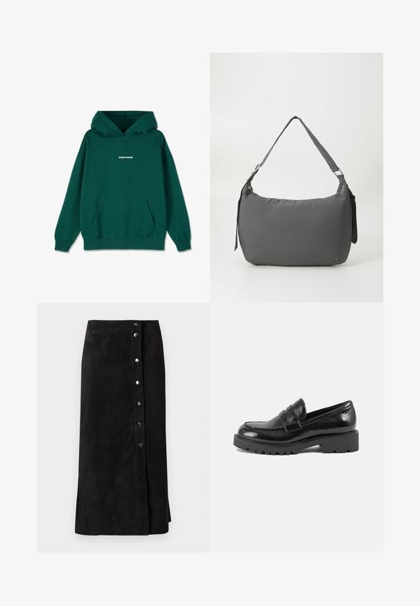 Groene hoodie met een buidelzak, trekkoordkap, geribbelde boorden en onderkant, met het "PEGADOR" logo in het wit op de voorkant.; Zwarte suède midi-rok met zilveren drukknoopjes aan de voorkant en een zijsplit, rechte pasvorm en hoge taille.; Zwarte laarsjes van patentaal leer met een gestructureerde neus, een decoratieve band over de wreef en een dikke, robuuste zool. Gladde, glanzende afwerking.; Grijze, gewatteerde schoudertas met een gebogen vorm, een gladde textuur, een verstelbare schouderband en een subtiel reliëflogo aan de voorkant.