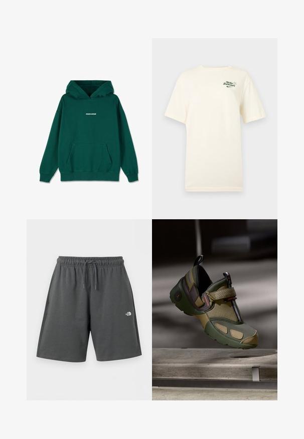 Zelená mikina s klokanským vreckom, s kapucňou na šnúrku, s rebrovanými manžetami a lemom, s bielym logom "PEGADOR" v prednej časti.; Krémovo biele tričko Nike s krátkym rukávom, na ktorom je zelený nápis "Nike Summer" a malý grafický motív slnka na ľavej hornej strane hrudníka.; Tmavomodré športové šortky s elastickým pásom a sťahovacou šnúrkou, s malým bielym logom "The North Face" na pravej stehne.; Zelené a béžové Jordan tenisky s textúrou z mriežky a sieťoviny, so suchým zipsom a detailom loga, suspendované nad betónovým povrchom.