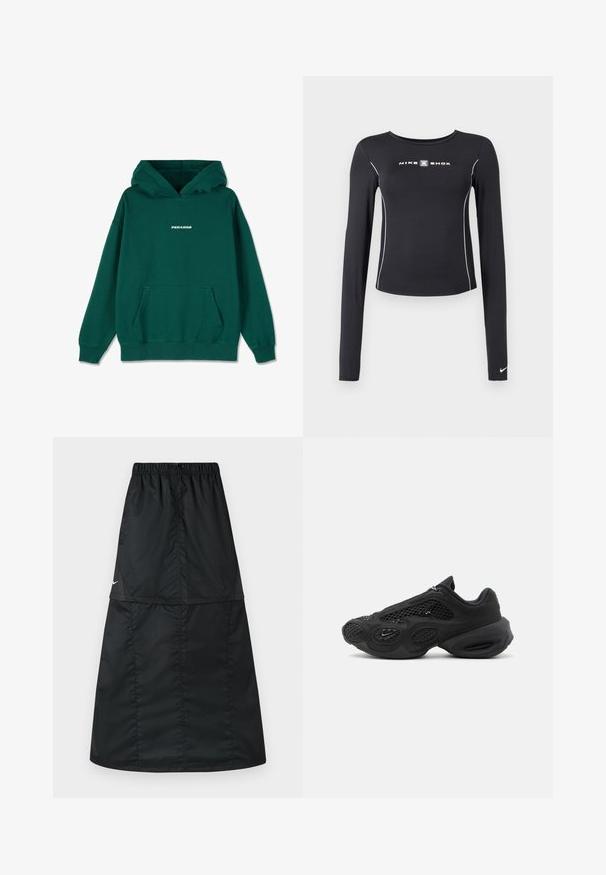 Grøn hoodie med kængurulomme, snøre ved hætten, ribbede manchetter og kant, med "PEGADOR" logo i hvidt i midten på forsiden.; Sort atletisk langærmet top med rund halsudskæring, tætsiddende pasform, hvide kontrastsømme og "NIKE SHOX" logo i midten.; Sort atletisk nederdel lavet af let, glat nylonstof. Har elastisk taljebånd og et enkelt, langt, A-formet design.; Sort atletiksneaker med meshpaneler, tyk, polstret sål og lille swoosh-logo på siden, fotograferet mod en ensartet baggrund.