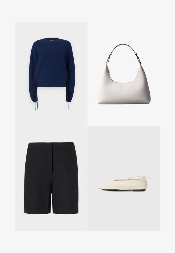 Pull en tricot bleu marine avec une texture côtelée, col rond et manches longues. Présente des liens latéraux ajustables et une longueur cropped.; Shorts noirs en tissu léger, présentant une coupe droite classique, un design minimaliste et sans matériel ni motifs visibles.; Des chaussures plates de couleur crème avec un bout arrondi, une sangle à la cheville et une semelle en caoutchouc noir contrastante. Matériau lisse avec un detailing minimal.; Sac à bandoulière en cuir couleur crème de Calvin Klein avec bord supérieur incurvé, fermeture éclair argentée et sangle ajustable brun foncé.