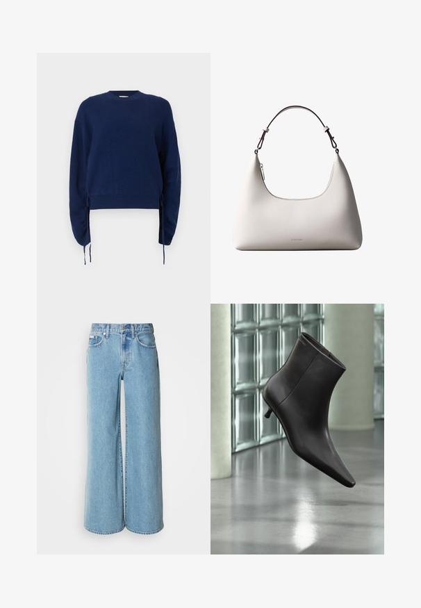 Pull en tricot bleu marine avec une texture côtelée, col rond et manches longues. Présente des liens latéraux ajustables et une longueur cropped.; Jean large bleu clair en denim, avec une taille haute, un design à cinq poches et un léger dégradé sur le tissu.; Bottine en cuir noir avec bout pointu et petit talon, présentée devant un mur en blocs de verre et un sol poli.; Sac à bandoulière en cuir couleur crème de Calvin Klein avec bord supérieur incurvé, fermeture éclair argentée et sangle ajustable brun foncé.