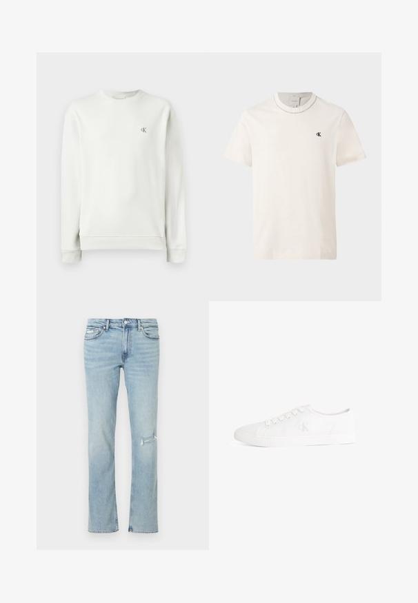 Lichtgrijze sweatshirt met ronde hals, gemaakt van gladde stof, met ribgebreide manchetten en zoom, en een klein geborduurd logo op de borst.; Korte mouw off-white Calvin Klein T-shirt met ronde hals en klein zwart "cK" logo op de linkerborst.; Lichtblauwe recht gesneden spijkerbroek met een distressed scheur aan de rechterdij, voorzakken en een tailleband met knoopsluiting.; Witte lage canvas sneaker met witte veters en een subtiel "cK"-logo aan de zijkant, rubberen zool met een structuur op de neuskap.