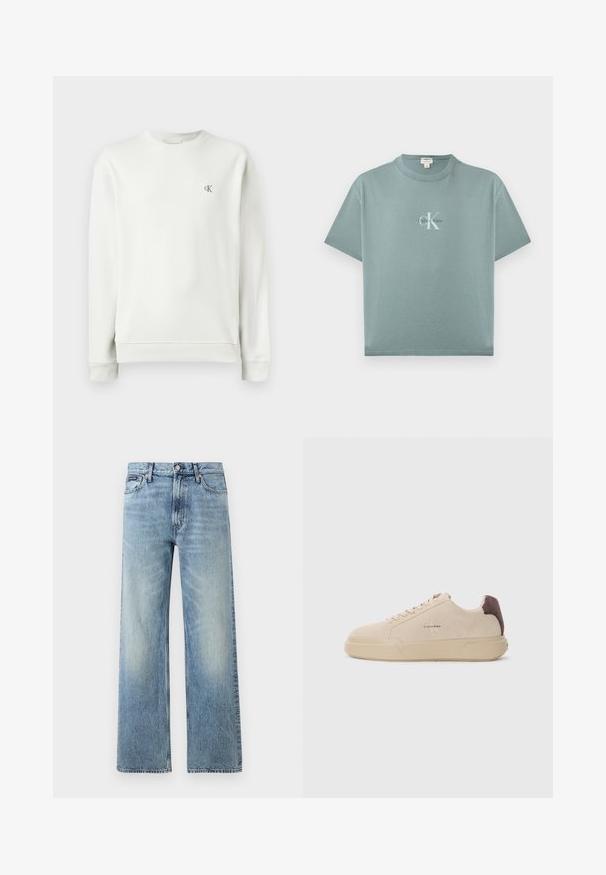 Lichtgrijze sweatshirt met ronde hals, gemaakt van gladde stof, met ribgebreide manchetten en zoom, en een klein geborduurd logo op de borst.; Licht turquoise T-shirt met korte mouwen en ronde hals, met een centraal geplaatst Calvin Klein-logo in witte en zwarte letters op de voorkant.; Lichtblauwe denim jeans met rechte pijpen, een hoge taille, vijf zakken, knoopsluiting en subtiele vervaging op de dijen en knieën.; Beige suède sneakers met een ronde neus, vetersluiting aan de voorkant en een bruine suède accent op de hiel. Beschikt over een gestructureerde rubberen zool.