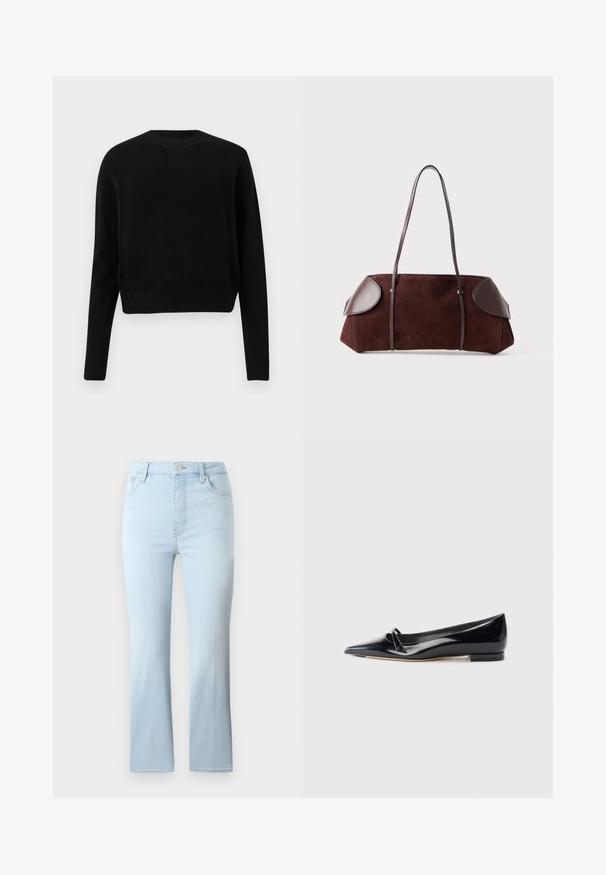 Mustra musta lühike sviiter, mis on valmistatud kudumisest. Omab ümmargust kaelaava ja ribatud käe- ning alumist äärt. Lihtne, klassikaline disain ilma mustrite ja kaunistusteta.; FRAME THE REBOOT CROP - Bootcut-teksad - light blue; Must have musta musta tume patendiga naha korter king, millel on terav nina, väike dekoratiivne rihm ja madal plokknõel. Sile tekstuur ja elegantses disain.; Pruun suede kott nahkakattega, struktureeritud kuju, kahe õlapaelaga ja ümarate servadega, millel on sile tekstuur ja minimaalne riistvara.