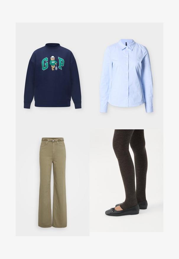 Sweat-shirt bleu marine avec un ours portant un sweat-shirt GAP vert et une casquette blanche tenant une raquette de tennis entre les grandes lettres vertes G et P.; Chemise pour femmes à manches longues bleu clair avec des rayures blanches verticales subtiles et un col pointu sur un fond neutre.; Pantalons taille haute à jambe large en kaki avec poches avant et arrière, passants de ceinture et fermeture par bouton et zip.; Jambes portant des leggings côtelés foncés associés à des ballerines noires avec de petits détails en nœud sur fond blanc.