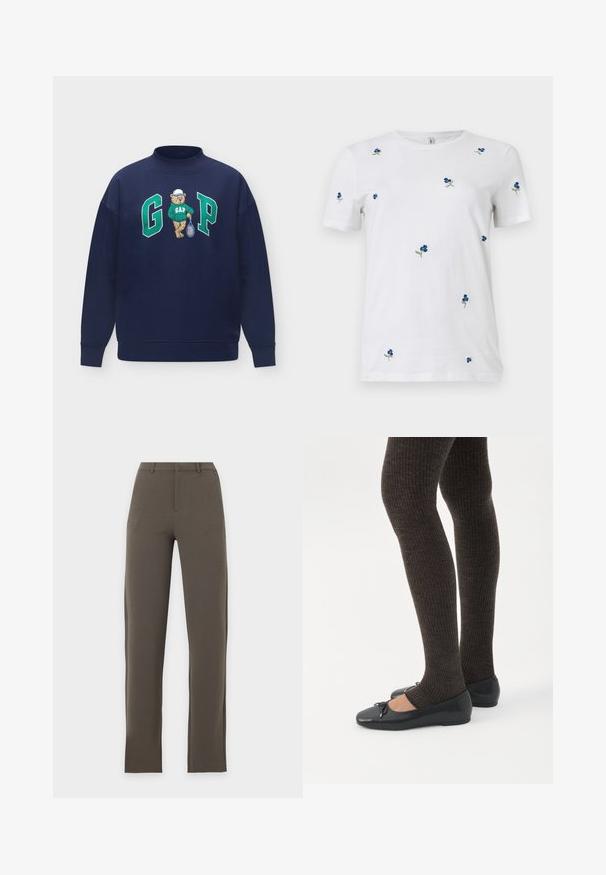 Sweat-shirt bleu marine avec un ours portant un sweat-shirt GAP vert et une casquette blanche tenant une raquette de tennis entre les grandes lettres vertes G et P.; T-shirt blanc à manches courtes avec une petite broderie dispersée de fleurs bleues et de tiges vertes, col rond, fond uni.; Pantalon droit gris foncé avec passants de ceinture, poches avant et fermeture invisible à l'avant.; Jambes portant des leggings côtelés foncés associés à des ballerines noires avec de petits détails en nœud sur fond blanc.