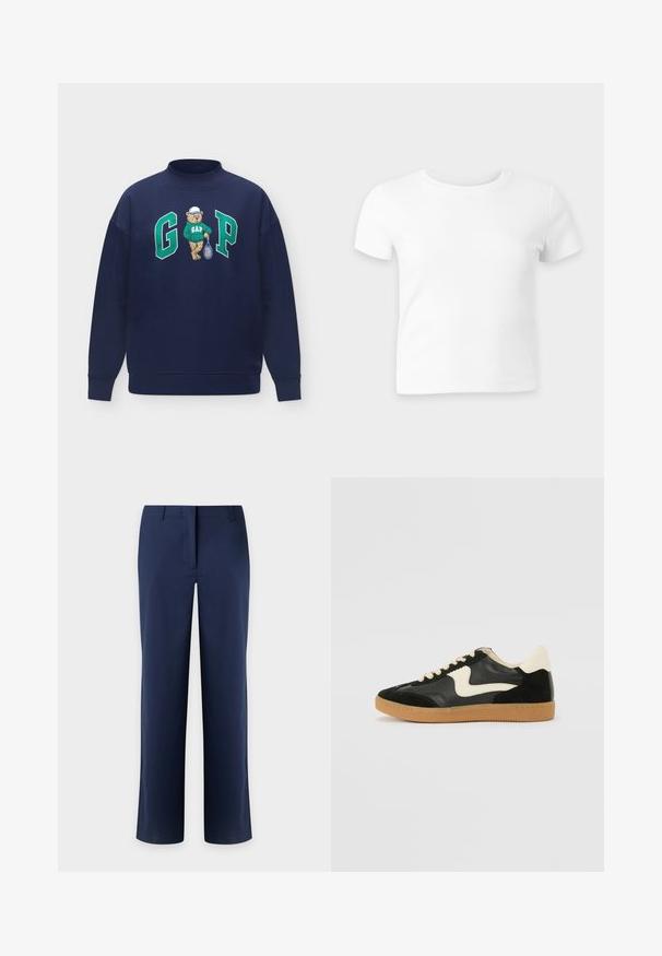 Sweat-shirt bleu marine avec un ours portant un sweat-shirt GAP vert et une casquette blanche tenant une raquette de tennis entre les grandes lettres vertes G et P.; T-shirt blanc uni à manches courtes et col rond sur fond gris clair, présenté à plat face vers l’avant.; Pantalon bleu marine à jambes droites avec passants de ceinture et fermeture avant dissimulée, présenté sur un fond clair.; Baskets en daim et cuir noir avec un swoosh latéral crème et un talon crème clair. Dotées de lacets beige et d'une semelle en caoutchouc gomme.