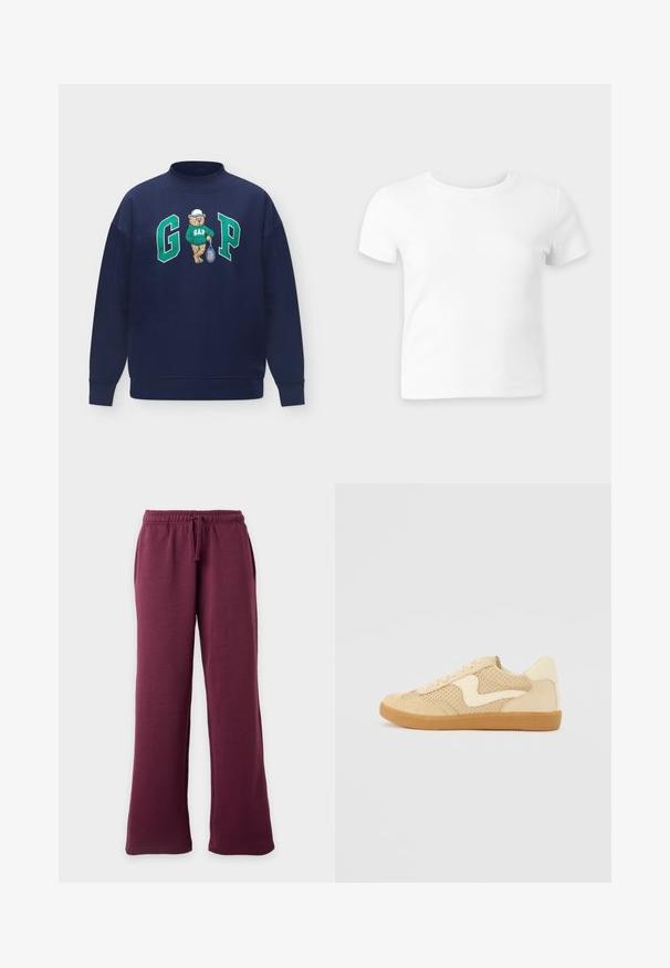 Sweat-shirt bleu marine avec un ours portant un sweat-shirt GAP vert et une casquette blanche tenant une raquette de tennis entre les grandes lettres vertes G et P.; T-shirt blanc uni à manches courtes et col rond sur fond gris clair, présenté à plat face vers l’avant.; Pantalon de survêtement bordeaux à jambes larges avec ceinture élastique et cordon, poches avant, présenté sur un fond clair uni.; Sneaker beige avec des matériaux en daim et en maille, forme arrondie, col rembourré proéminent et semelle en caoutchouc gomme. Présente un accent de design en forme de vague.